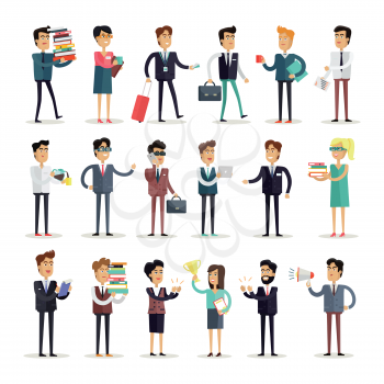 Set of business people characters vector in flat style. Collection of office work situations. Illustrations for business concepts, web, icons, infographics, logo design. Isolated on white background. 