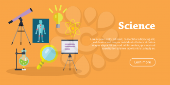 Science banner. Scientific equipment, space, medicine physics and chemistry concept. Medicinal substances, preparations, devices, equipment elements. Laboratory researches. Vector in flat style