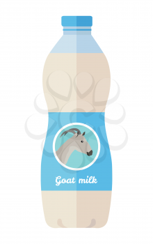 Dairy product vector. Flat design. Labeled plastic bottle of goat milk with animal head on it. Illustration for farm husbandry, milk production, grocery store ad. Diet food. Isolated on white 