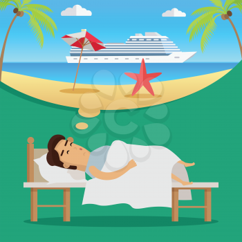 Young man in bed sleeping and dreaming about holidays and cruise tour. Summer beach vacation concept. Big cruise ship in sea. Summer travel. Vector illustration in flat design.