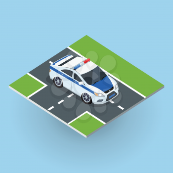 Police car on road vector illustration in isometric projection. NAME3 picture for concepts, web, app, icons, infographics, logotype design. Isolated on white background.
