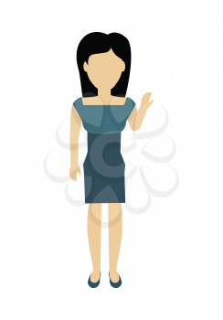 Female character without face in blue dress vector in flat design. Woman template personage figure illustration for feminist concepts, fashion app, logos, infographic. Isolated on white background.