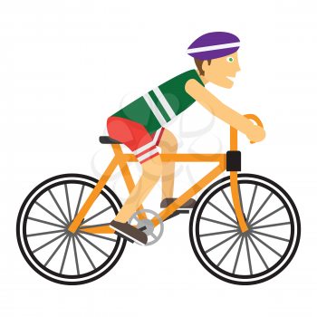 Boy wearing protective helmet while riding a bike. Happy cartoon biker. Guy on the cute bicycle. Ecologically safe kind of transport. Healthy way of life and sport concept. Vector illustration.
