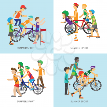 Set of summer sport concepts. Vector in flat style. Women and men in sportswear running, riding bike, skate rollers, skateboard. Victory in sport competition. Moving activity and healthy life. 