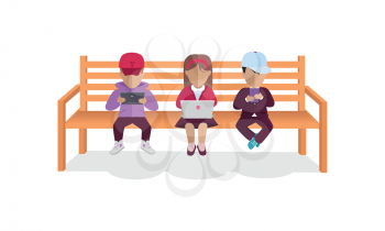 Internet addiction concept vector. Flat design.Children seating on bench with computer and mobile phones in hands. People online communication picture for infographics, web design. Isolated on white.