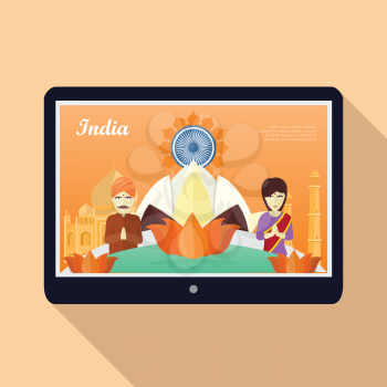 India flat vector concept. Vacation in Asia. Lotus ornament, indian architecture and peoples on tablet screen illustrations. Web page template for travel company, presentation of tourist countries