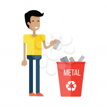 Waste recycling concept. Boy in yellow t-shirt and blue pants taking out the trash in red recycle garbage bin with metal. Sorting process different types of waste. Environment protection.