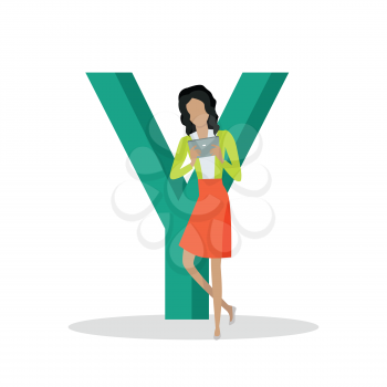 Gadget alphabet. Letter - Y. Woman with tablet standing near letter. Modern youth with electronic gadgets. Social media network connection. Simple colored letter and people with electronic devices