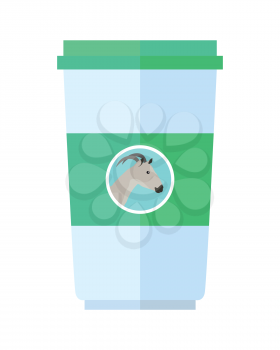 Goat dairy product vector. Flat design. Labeled plastic cup container with goat head. Illustration for farm husbandry, milk production, grocery store ad. Sour cream or yoghurt. Diet food. On white