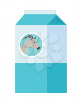 Goat milk in carton paper box isolated on white. Milk product with goat on package. Logo design for dairy milk goods. Healthy beverage. Agriculture farming concept. Vector illustration in flat style