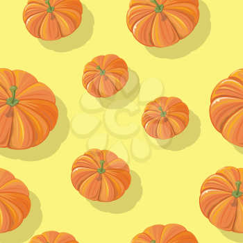 Pumpkin vector seamless pattern. Flat style illustration. Group of different size pumpkins on yellow background. Vegetable ornament. For packaging, wrapping paper, printings, wallpapers, grocery ad 