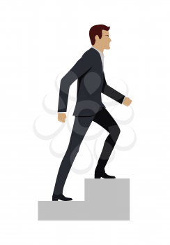 Businessman in black business suit walking up stairs. Business strategy, growth, leadership, walking to success concept. Man personage in side. Isolated vector illustration on white background