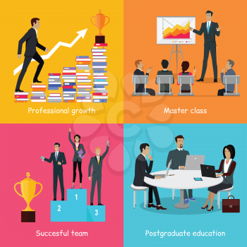 Professional growth successful team master class postgraduate education banner. Business education infographic. Presentation data and information, chart for study, winners podium. Vector illustration