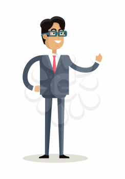 Businessman character vector. Cartoon in flat style design. Smiling man in  suite and glasses standing with raised hand. Illustration for business concepts, infographics. Isolated on white background.