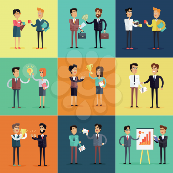 Set of business concepts vector in flat style. Collection of office situations and people work interactions. Illustrations for concepts, web, icons, infographics, logo design. Isolated on white.