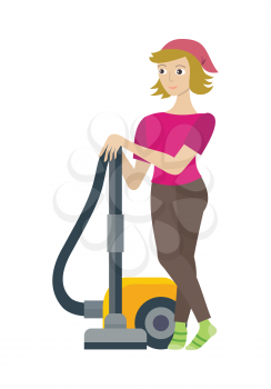 Cleaning service concept vector. Flat style design. Smiling woman character standing with vacuum cleaner. Small private business. Illustration for housekeeping companies and services advertising