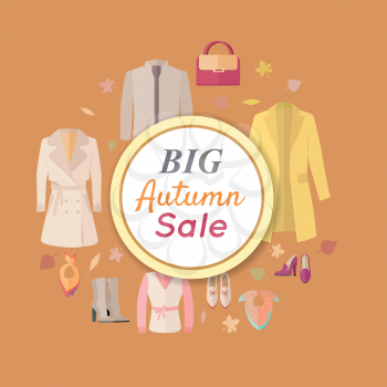 Big autumn sale. Fall outerwear sale banner poster. Autumn old collection sale. Discount on stylish fashionable designers clothes. Best world brands trends at low price. Thanksgiving day sale. Vector
