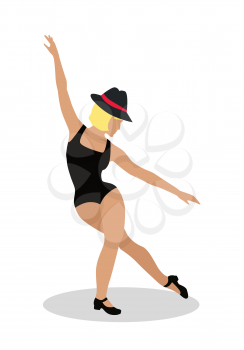 Blond jazz dancer in hat and sexy black suit. Tap Dance, Jitterbug, Swing dance, Lindy Hop, Modern jazz dance. Person entertain public on the fashion show at musical party. Fashion event. Vector