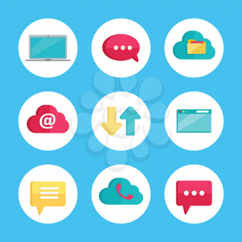 Flat icons for web and mobile applications. Laptop, speech bubble, cloud storage, mail, data exchange, player, notification, online conference, email letter. Internet signs symbols. Vector flat style