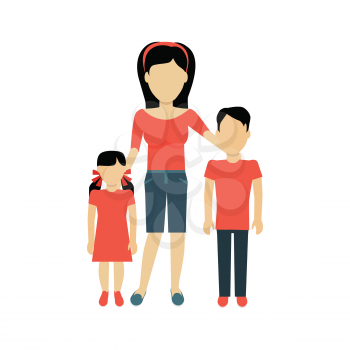 Mother with children banner concept. Mum holding hand of his daughter and son. Family and parent, girl and boy with mum, happiness together love parenting brother and sister, vector illustration