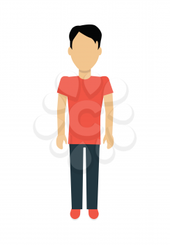 Male character without face in red t-shirt and black pants vector in flat design. Man template personage figure illustration, mobile app pictogram, logos, infographic. Isolated on white background.