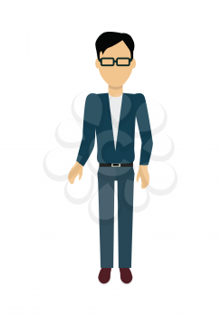 Male character without face in blue pullover vector. Flat design. Man template personage illustration for concepts with humans, mobile app pictogram, logos, infographic. Isolated on white background.