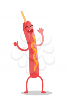 Smiling and dancing sausage on stick with mustard vector. Flat design. Funny cartoon of fast food dish. For restaurant menu illustrating, diet concepts. Fried light snack. Isolated on white background