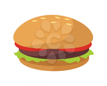 Hamburger icon in flat. Burger with meat, lettuce and tomato. Burger or sandwich, fast food. Consumption of high calories nourishment fast food. Meal and snack burger on white background