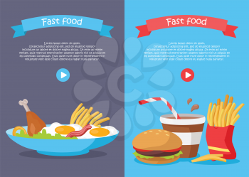 Fast food conceptual banner. Chicken, fried eggs with bacon, fries and salad on the plate and soda, hamburger and fries in a red bag. Poster for web site design with play button. Food concept. Vector