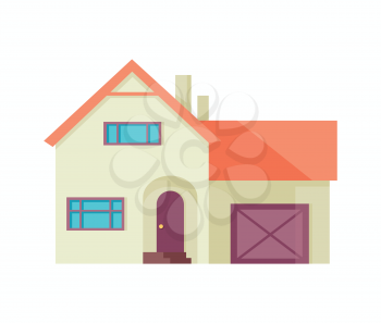 Happy house banner poster template. Exterior home icon symbol. Residential cottage. Part of series of modern buildings in flat design style. Real estate concept. Vector