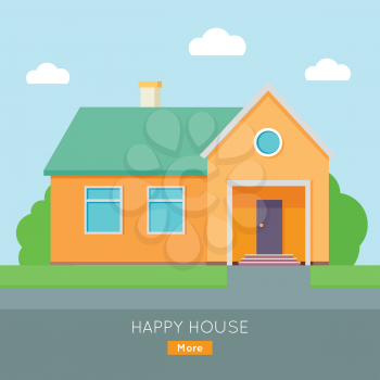 Happy house banner poster template. Exterior home icon symbol. Residential cottage. Part of series of modern buildings in flat design style. Real estate concept. Vector
