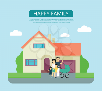 Happy family in the yard of their house. Home icon symbol sign. Colorful residential cottage in beige colors. Part of series of modern buildings in flat design style. Real estate concept. Vector
