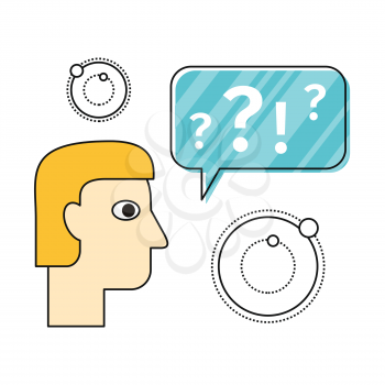 Thinking conceptual vector in flat style. Human face with think cloud and question marks. Illustration for intellectual concept, application icons, logo design. Isolated on white background.