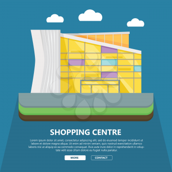 Shopping centre web page template. Flat design. Commercial building concept illustration for web design, banners. Shop, shopping center, mall, supermarket, business center background
