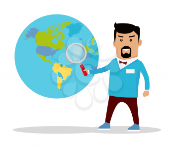 Man with loupe standing near the globe with political map. Flat design. Information searching concept vector illustration. Global politics, breaking news, environment, concept. On white background.