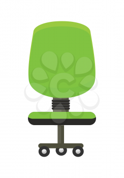 Green office chair icon. Office chair in colorful flat design style. Chair on wheels. Office workplace design element. Isolated object on white background. Vector illustration.