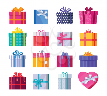 Set of colorful gift boxes with fashionable ribbons and bows isolated. Present box. Decorative stylish wrap for presents package. Modern packing product. Gifts collection web icon sign symbol. Vector