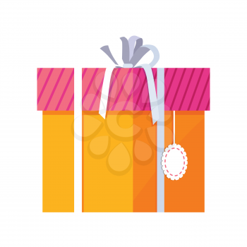 Single orange gift box with white ribbon in flat design. Beautiful present box with overwhelming bow. Gift box icon. Gift symbol. Christmas gift box. Isolated vector illustration