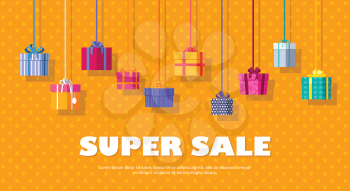 Super sale banner with gift boxes. Christmas sale conceptual banner. Gift boxes with fashionable ribbons and bows on orange background. Big discounts on goods before holidays. Present box icons. Vecto