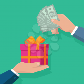 Buying gifts vector in flat design. Surprise in colored box with ribbon. Hands with packed present and dollar bills. For shopping, holiday sales, discounts concepts, event management companies 