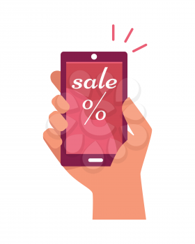 Mobile phone in hand with sale text and percentage sign. Concept of shopping via internet shop. Online and smartphone, web sale, e-commerce, business technology, convenience and mobile. Vector