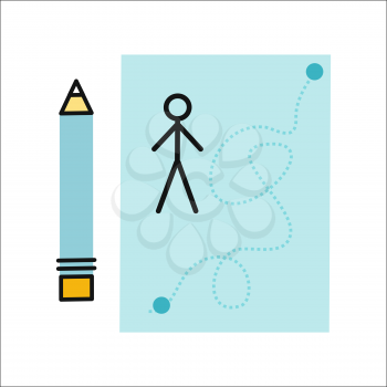 Drawing in pencil on sheet paper. Sheet paper with drawn little man. Sheet paper with pencil. Design element, icon in flat. Isolated object on white background. Vector illustration.