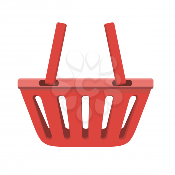 Illustration of red shopping basket. One plastic shopping basket. Shopping basket icon. Isolated object in flat design on white background. Vector illustration.