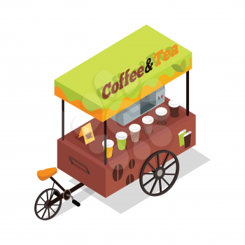 Coffee and tea trolley in isometric projection. Street fast food concept. Food truck with umbrella illustration. Isolated on white background. Hot refreshing tasty drinks beverages. Vector