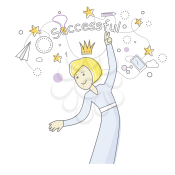 Successful business woman dancing. Things that bring good luck surround her. Favourite items in office work. Indispensable things. Paper plane star medal clock crown cloud pen mobile phone. Vector