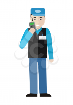 Security character illustration in flat style design. Smiling man in blue uniform talking on mobile radio. Guard in supermarket. Picture  for profession illustrating. Isolated on white background. 
