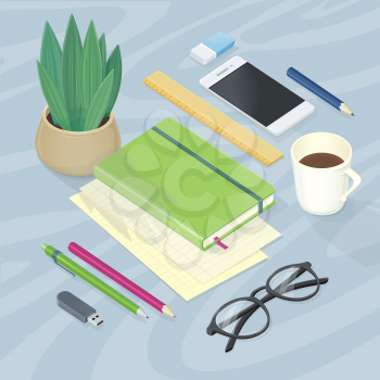 Table accessories. Notebook glasses pen pencil driver, ruler rubber cup of coffee. Top view of workplace with office supplies, digital devices and documents. Vector illustration in flat style