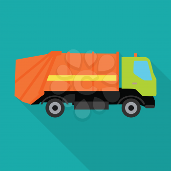 Garbage truck vector illustration in flat style. Car waste transportation picture for conceptual banners, web, app, icons, infographics, logotype design. Isolated on blue background.