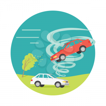 Tornado twisted red car icon. White car stands on ground. Tornado ruins everything. Natural disaster. Deadly strong wind damages machines and nature. Catastrophe with whirlwind. Vector illustration