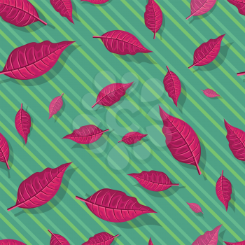 Leaves vector seamless pattern. Flat style illustration. Falling red tree leaves on green background. Autumn defoliation. For wrapping paper, greeting card, invitation, printing materials design